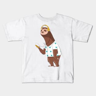 Kawaii Cute Sloth Listening To Music Kids T-Shirt